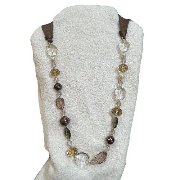 Vintage Glass Necklace Crystal Faceted Round Beaded Brown Ribbon Tie Back Fairy - Picture 1 of 8